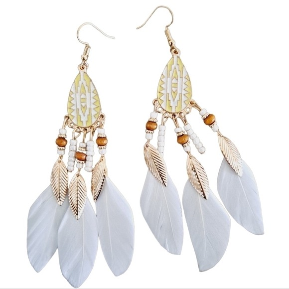Gold & white Boho feather earrings beaded tassel long drop festival 💖2/$30 - Picture 8 of 11